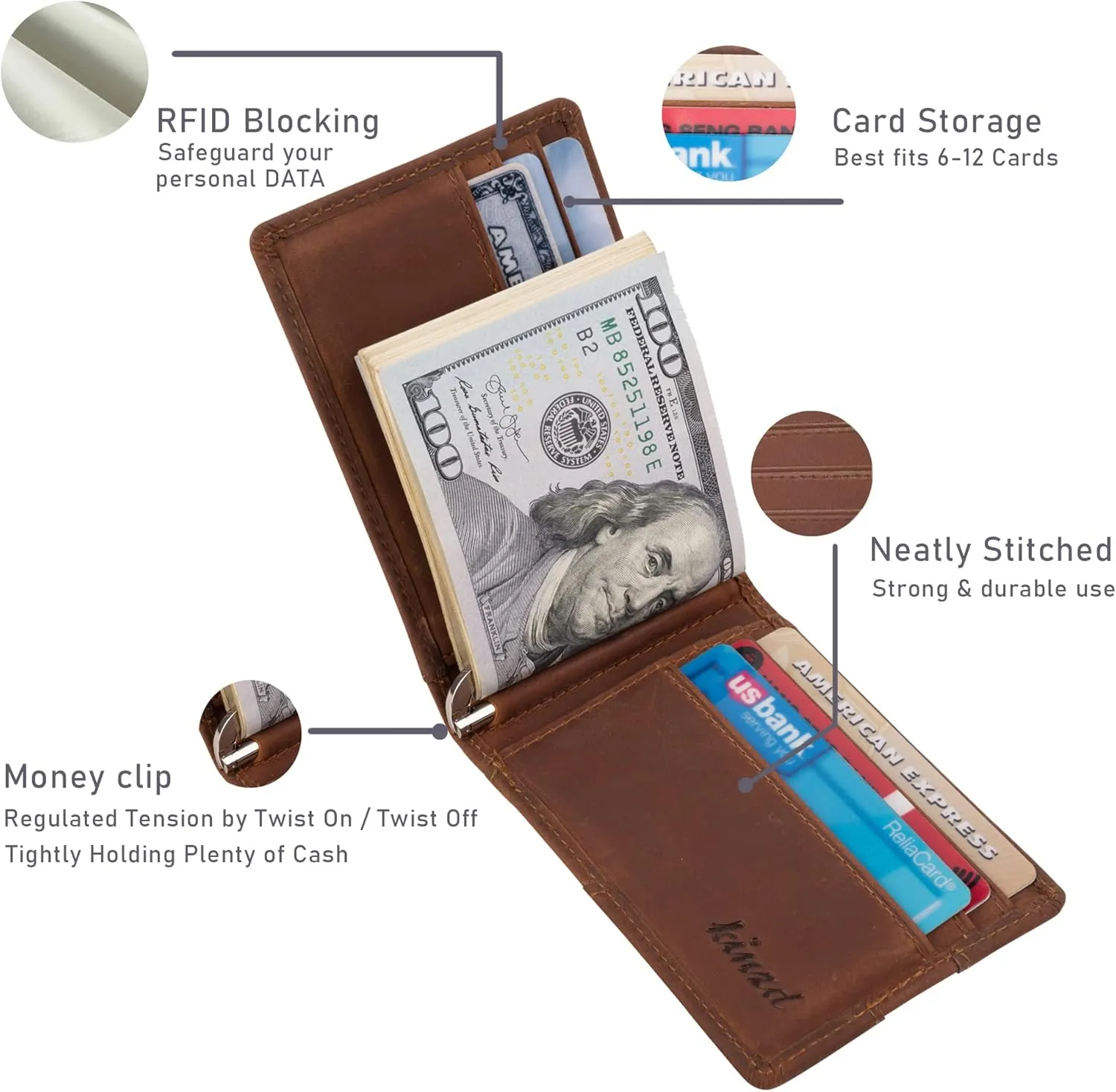 kinzd Slim Wallet with Money Clip RFID Blocking Minimalist Bifold Wallet for Men Genuine Leather Front Pocket Card Holder