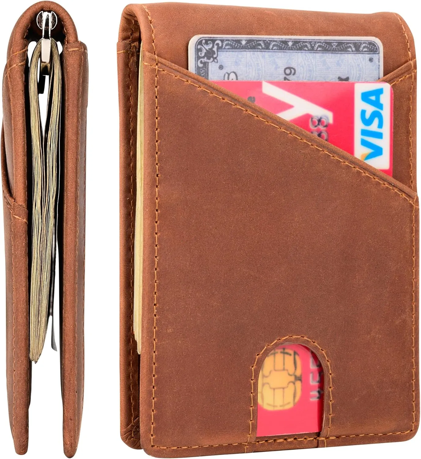 kinzd Slim Wallet with Money Clip RFID Blocking Minimalist Bifold Wallet for Men Genuine Leather Front Pocket Card Holder