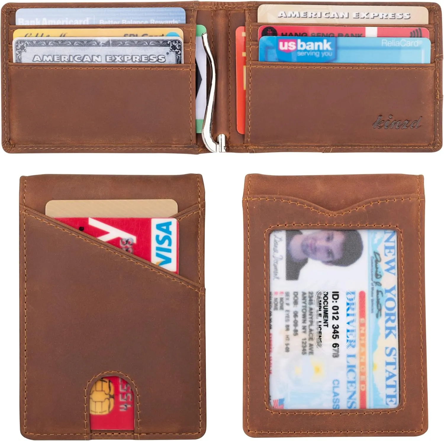 kinzd Slim Wallet with Money Clip RFID Blocking Minimalist Bifold Wallet for Men Genuine Leather Front Pocket Card Holder