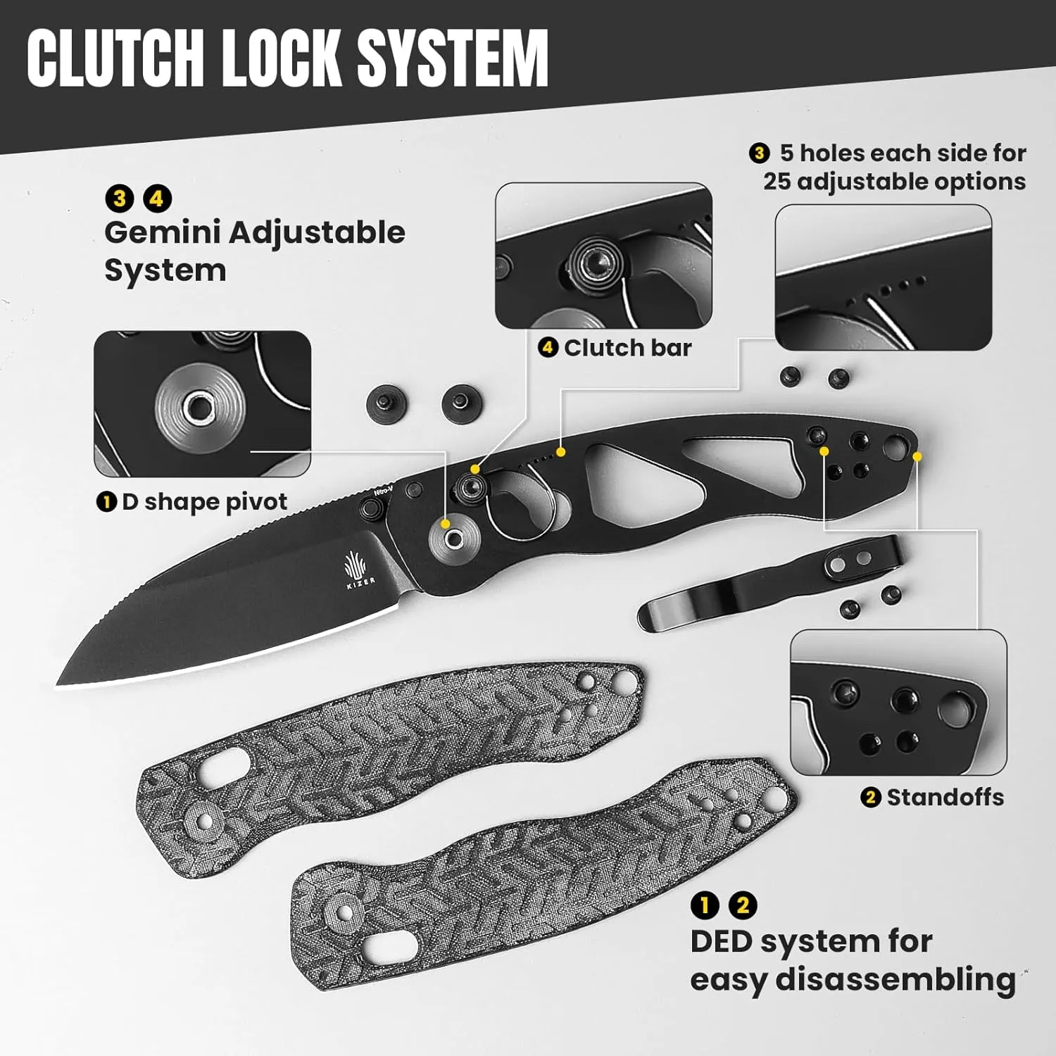Kizer Exist Pocket Knife, 2.78" Nitro V Drop Point Blade EDC Folding Knife with Innovative Clutch Lock, Black Micarta Handle Small Hunting Camping Knives with Thumb Stud Opener for Men Women, V3681A1
