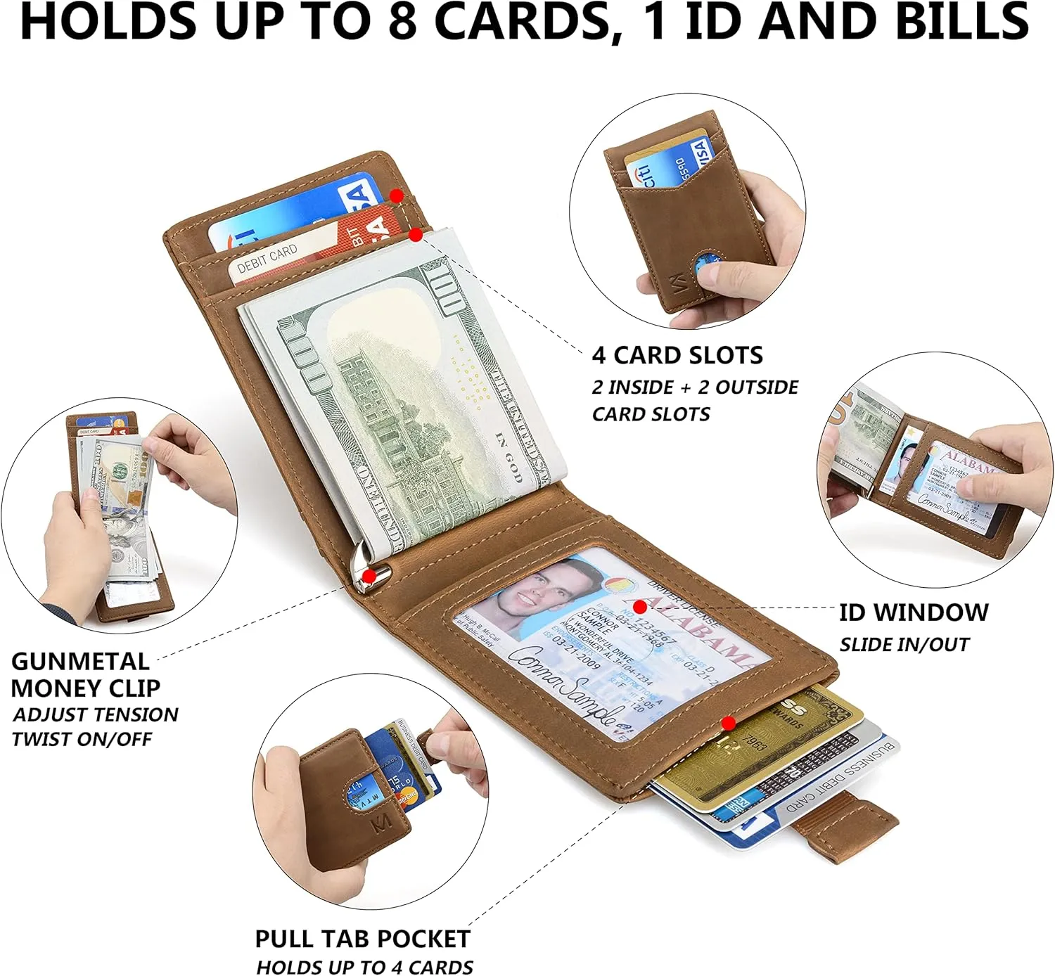 KM Legend RFID Blocking Leather Money Clip Wallet for Men - Slim Bifold Front Pocket Credit Card Holder with Secure Clip