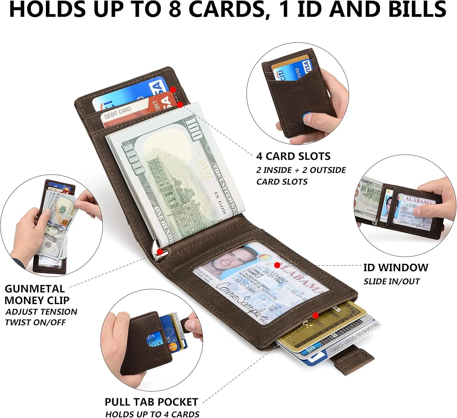 KM Legend RFID Blocking Leather Money Clip Wallet for Men - Slim Bifold Front Pocket Credit Card Holder with Secure Clip