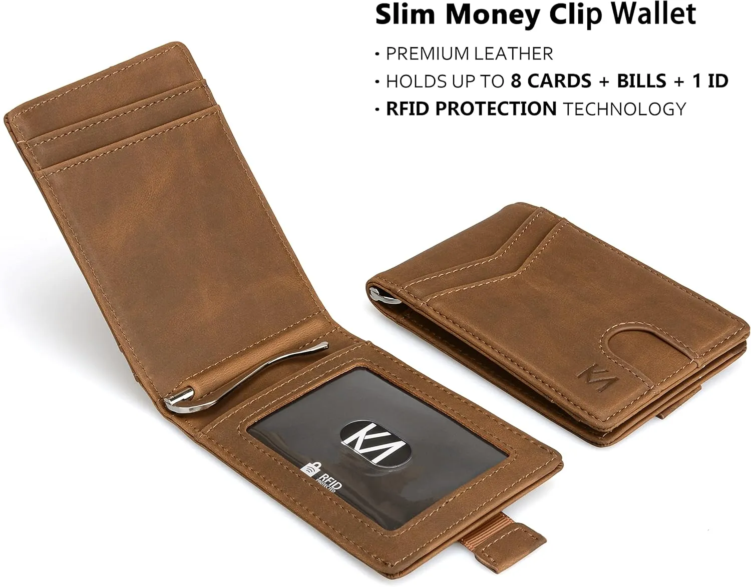 KM Legend RFID Blocking Leather Money Clip Wallet for Men - Slim Bifold Front Pocket Credit Card Holder with Secure Clip