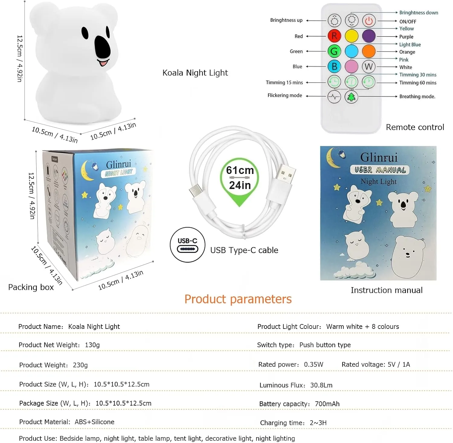 Koala Night Light for Kids Silicone Bedside Bedroom Lighting, Baby Nursery Light Sleeping NightLights, Color Changing Lamps - Eye Caring, Adjustable Brightness & Color, Time Setting - Medium