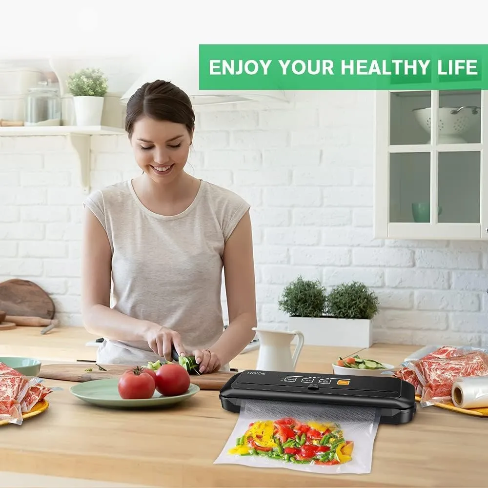 KOIOS Vacuum Sealer Machine, 90Kpa Automatic Vacuum Air food sealer/Built-in Cutter Starter Kit, Dry & Moist Food Preservation Modes, Pulse Function, LED Indicator Lights, Black