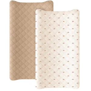 Konssy Waterproof Muslin Changing Pad Cover 2 Pack, Quilted Cotton Fitted Diaper Chang Table Cover, Soft Changing Pad Sheets for Girls Boys (Camel,Sun)