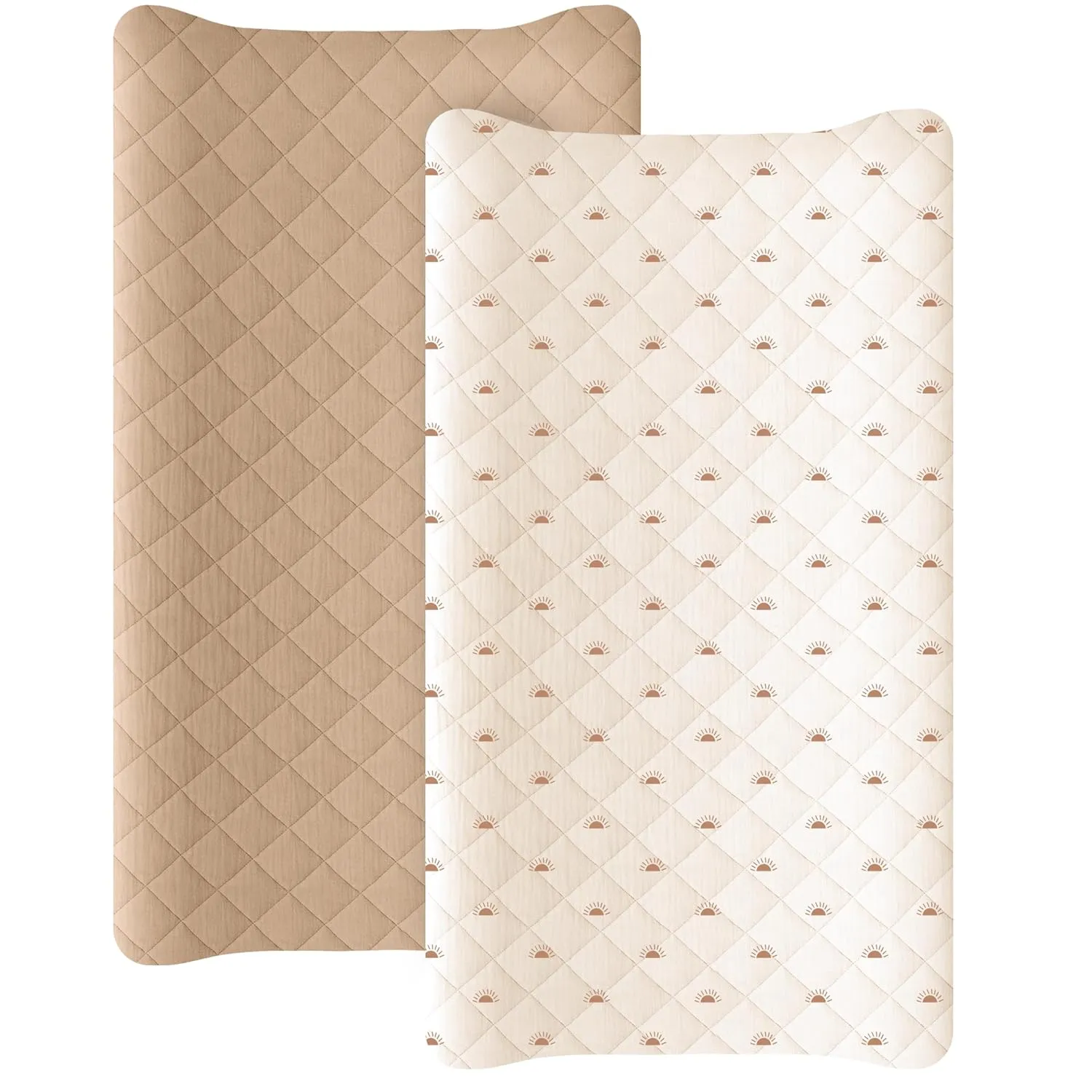 Konssy Waterproof Muslin Changing Pad Cover 2 Pack, Quilted Cotton Fitted Diaper Chang Table Cover, Soft Changing Pad Sheets for Girls Boys (Camel,Sun)