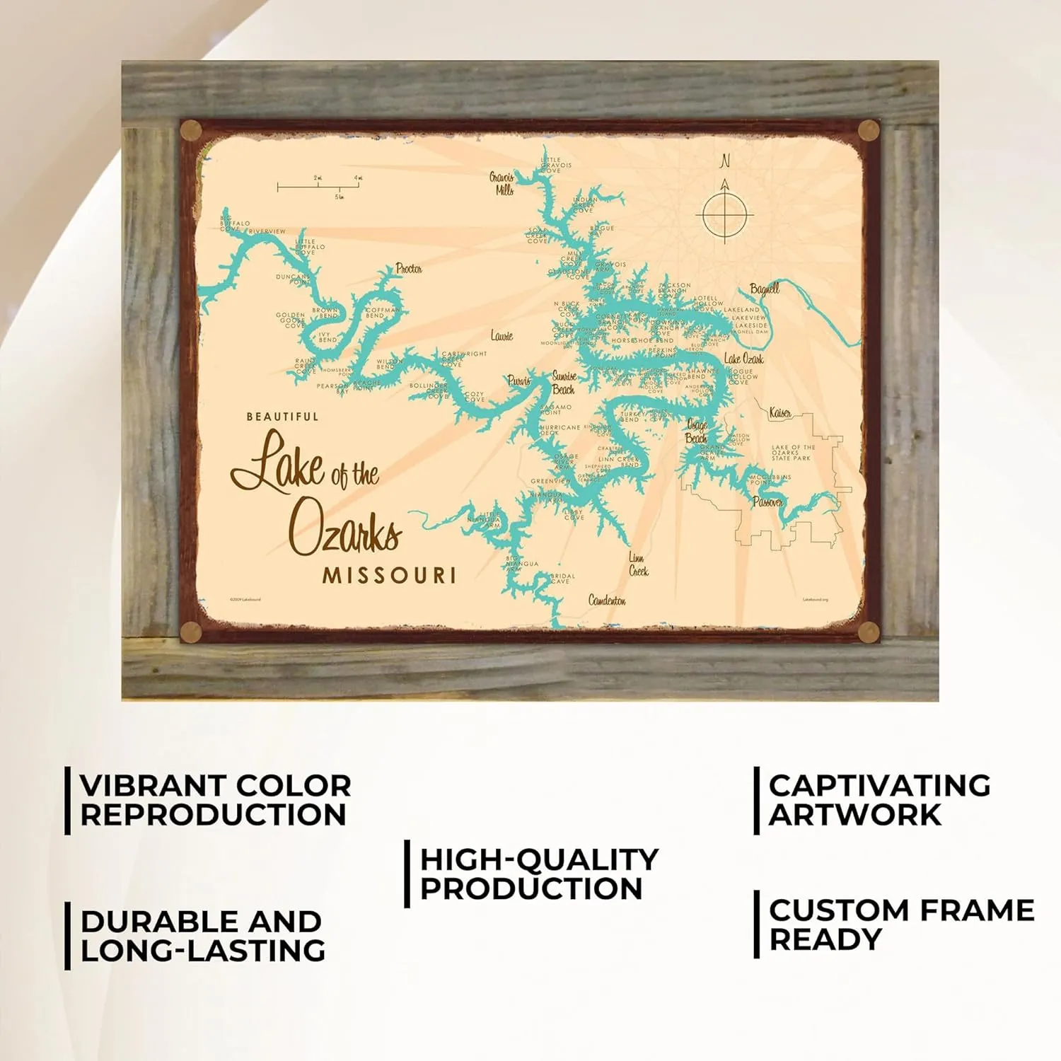 Lake of the Ozarks Map Rustic Metal Art Print from Illustration by Lakebound 17" x 23"