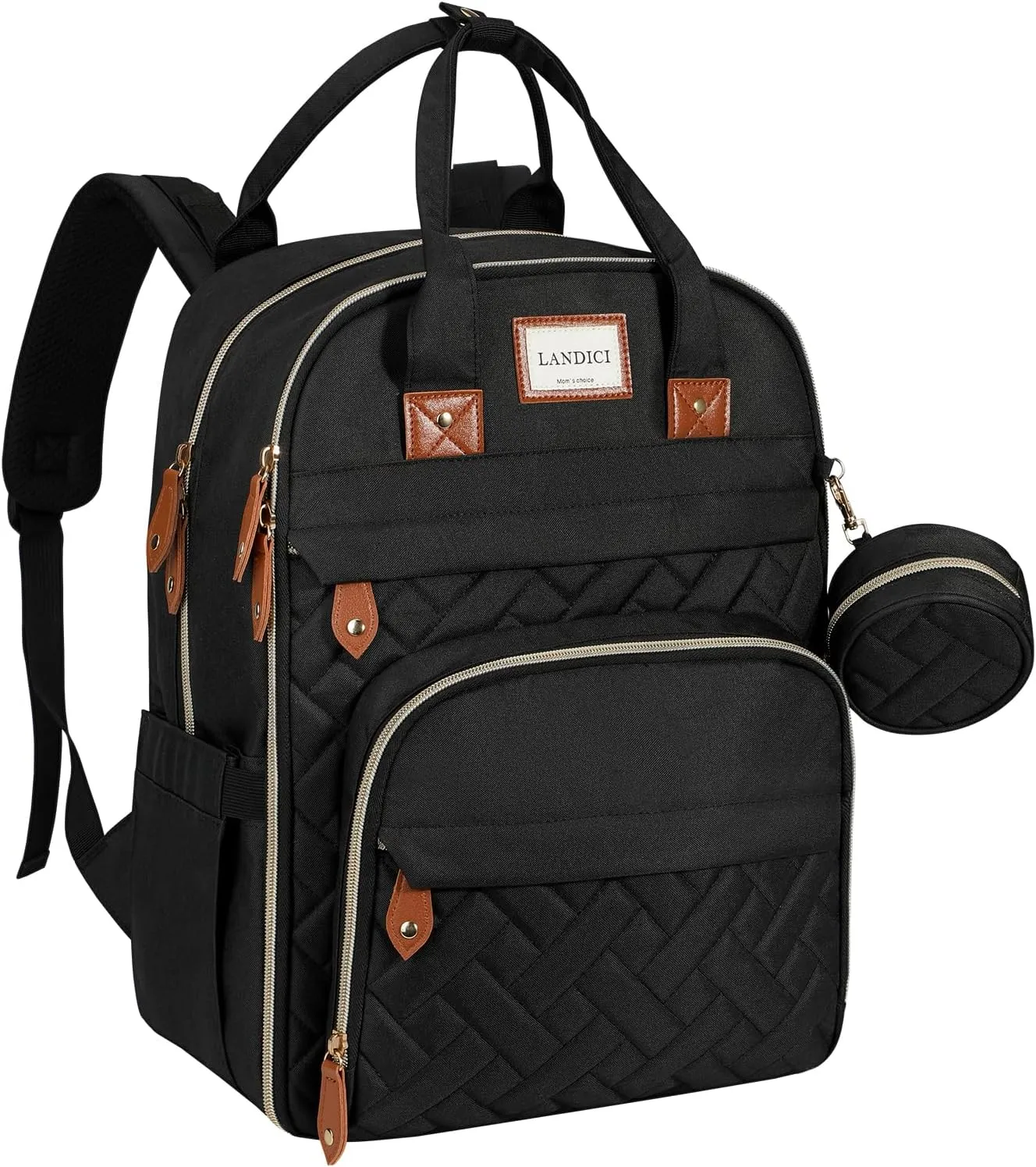 LANDICI Diaper Bag Backpack, Multifunction Baby Diaper Bags with Changing Pad, Stroller Straps & Pacifier Case, Travel Essentials Back Pack for Mom Dad Boy Girl, Large Capacity, Waterproof, Black