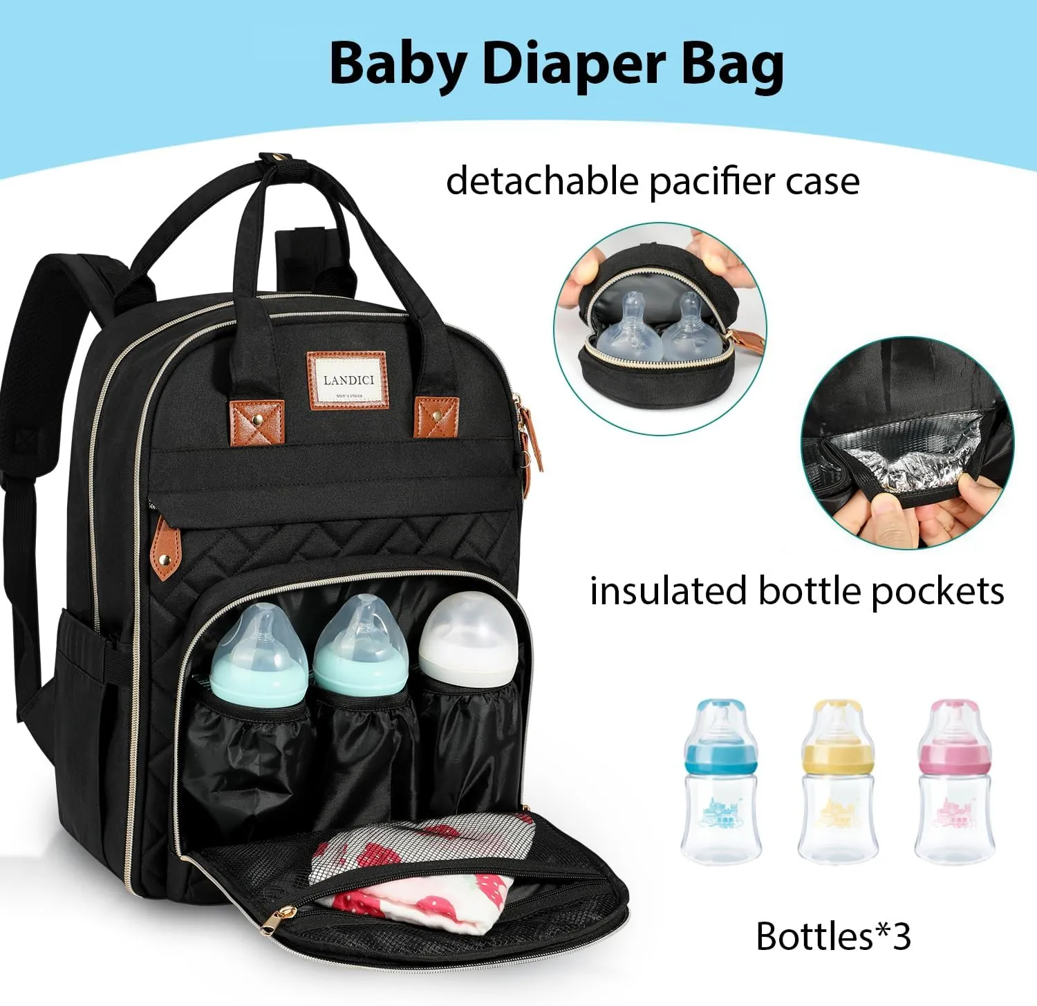 LANDICI Diaper Bag Backpack, Multifunction Baby Diaper Bags with Changing Pad, Stroller Straps & Pacifier Case, Travel Essentials Back Pack for Mom Dad Boy Girl, Large Capacity, Waterproof, Black