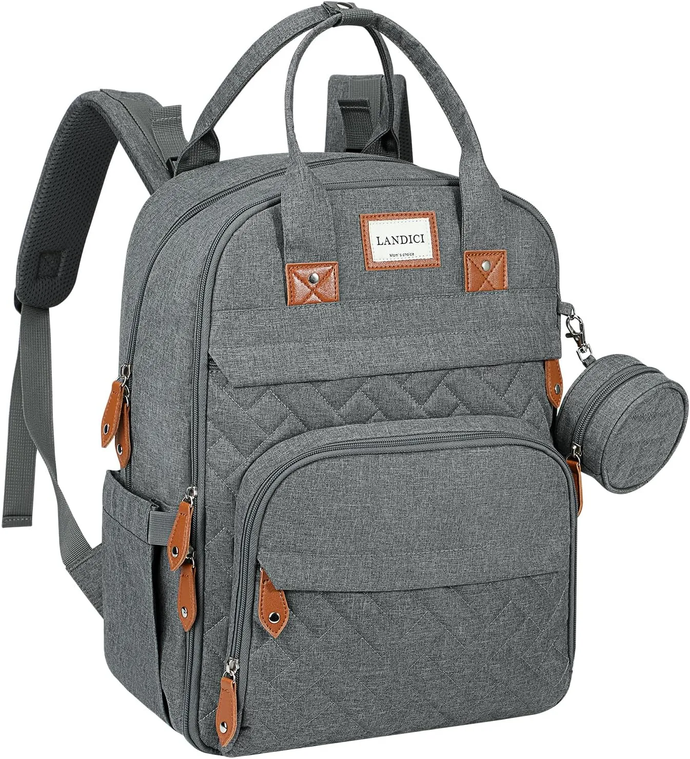 LANDICI Diaper Bag Backpack, Multifunction Baby Diaper Bags with Changing Pad, Stroller Straps & Pacifier Case, Travel Essentials Back Pack for Mom Dad Boy Girl, Large Capacity, Waterproof, Grey