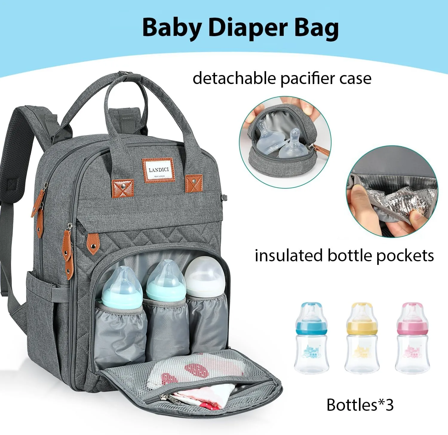 LANDICI Diaper Bag Backpack, Multifunction Baby Diaper Bags with Changing Pad, Stroller Straps & Pacifier Case, Travel Essentials Back Pack for Mom Dad Boy Girl, Large Capacity, Waterproof, Grey