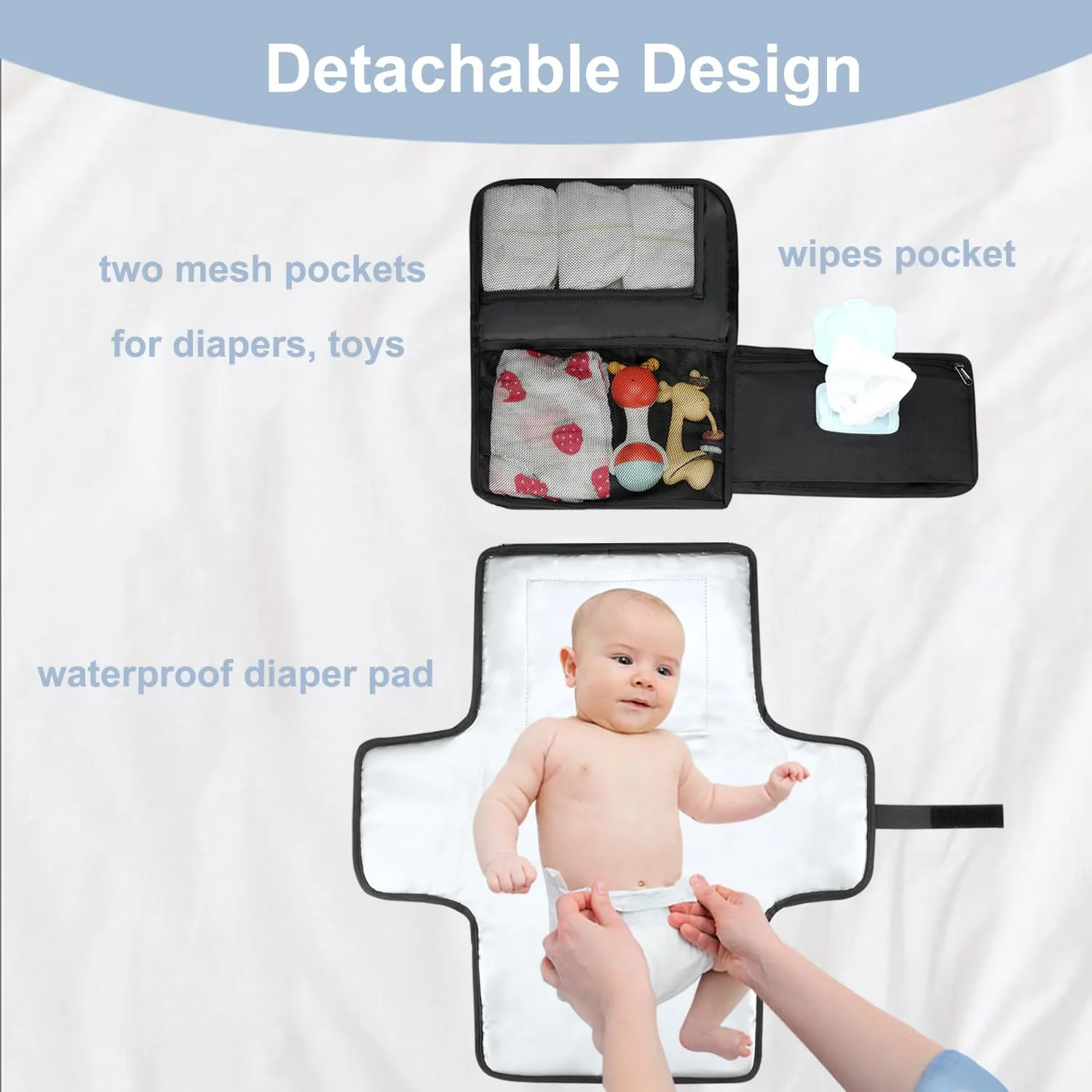 LANDICI Portable Diaper Changing Pad for Newborn Girl & Boy, Travel Waterproof Baby Changing Pad with Smart Wipes Pocket, Detachable Diaper Changing Mat, Gifts for Baby Newborn Essentials, Black