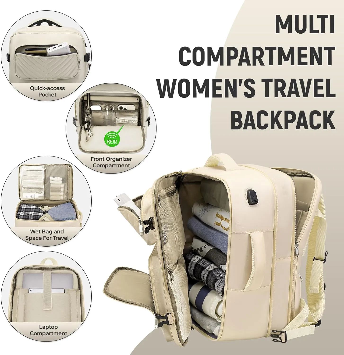 Laptop Backpack for Women Men, Carry On Backpack, Extra Large Travel Backpack Expandable Airplane Approved Weekender Bag, 17.3'' Laptop Backpack for Business Hiking, Beige
