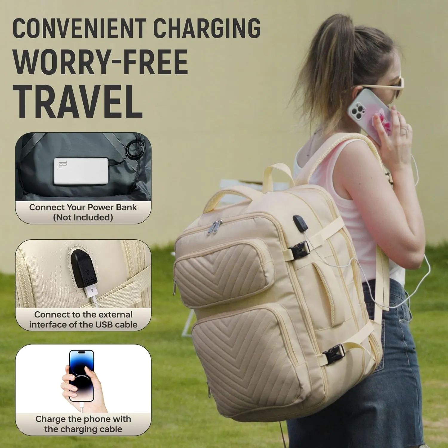 Laptop Backpack for Women Men, Carry On Backpack, Extra Large Travel Backpack Expandable Airplane Approved Weekender Bag, 17.3'' Laptop Backpack for Business Hiking, Beige