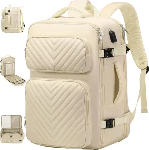 Laptop Backpack for Women Men, Carry On Backpack, Extra Large Travel Backpack Expandable Airplane Approved Weekender Bag, 17.3'' Laptop Backpack for Business Hiking, Beige