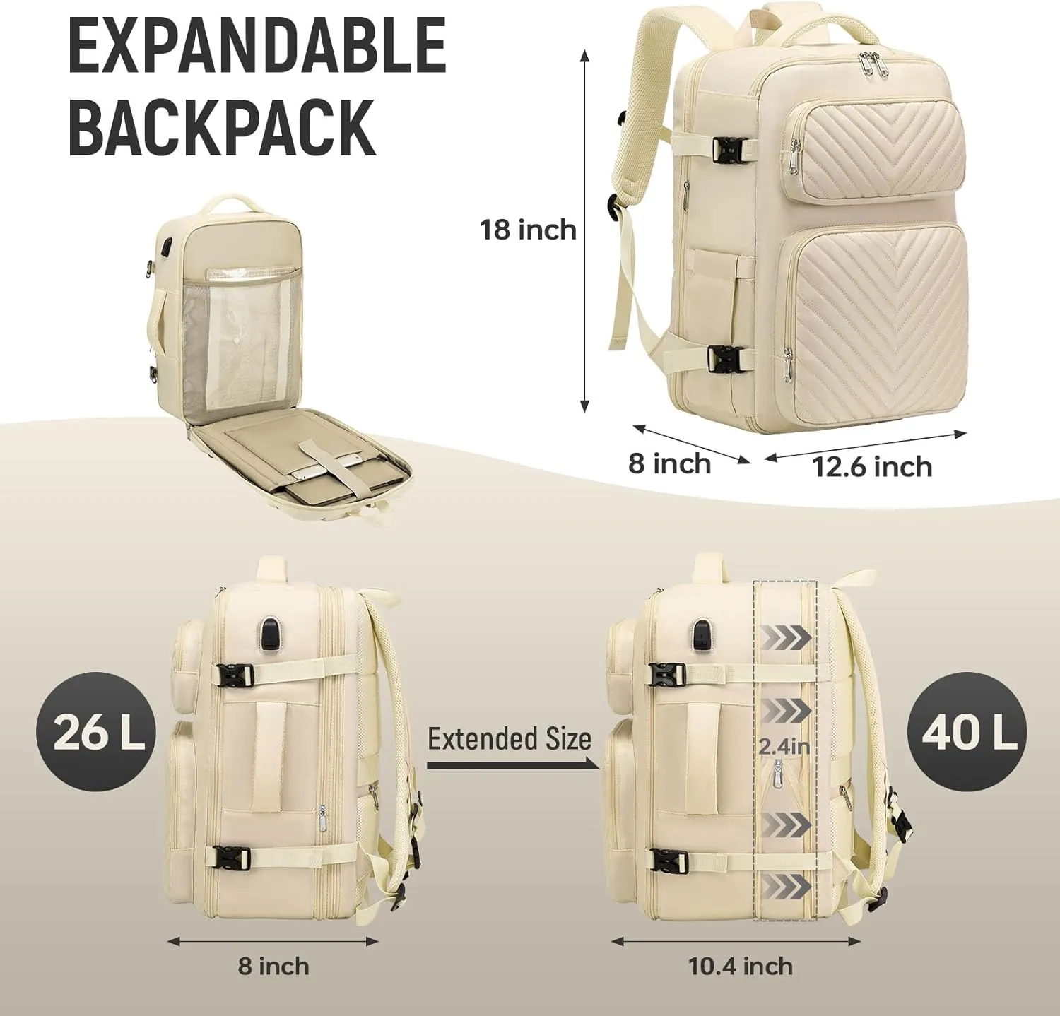 Laptop Backpack for Women Men, Carry On Backpack, Extra Large Travel Backpack Expandable Airplane Approved Weekender Bag, 17.3'' Laptop Backpack for Business Hiking, Beige
