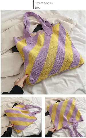 Large Capacity Tote Bag stripe Women Knitting Shoulder Bags Summer Beach Handbag