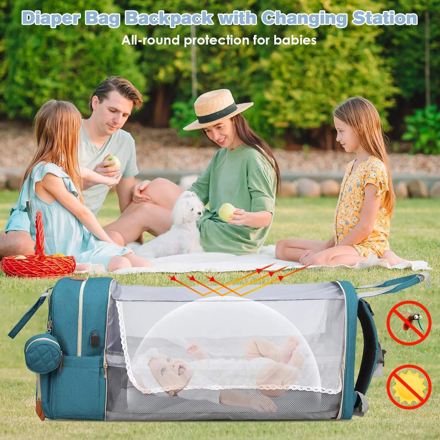 Large Diaper Backpack with Changing Station, Unisex, Lightweight Waterproof Diaper Bag with Insulated Pockets and USB Charging Port, Cyan