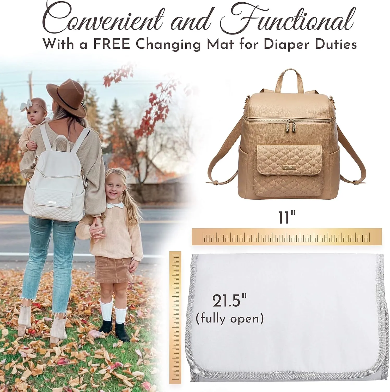 Large Diaper Bag Backpack by Luli Bebe - Designer Modern Vegan Leather Stylish Baby Backpack Diaper Bag for Mom, Multipurpose, Roomy, with Changing Pad (Latte Brown)