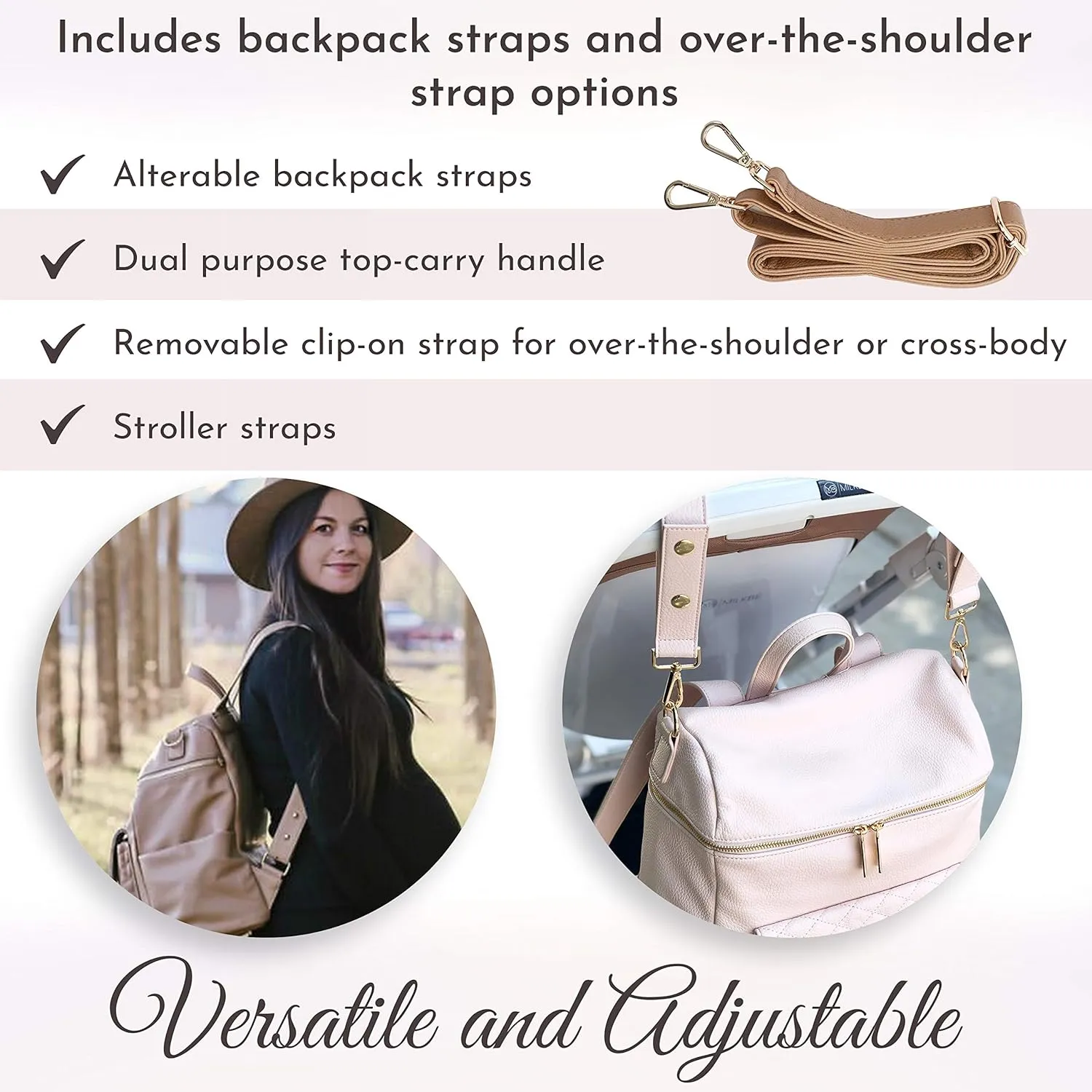 Large Diaper Bag Backpack by Luli Bebe - Designer Modern Vegan Leather Stylish Baby Backpack Diaper Bag for Mom, Multipurpose, Roomy, with Changing Pad (Latte Brown)