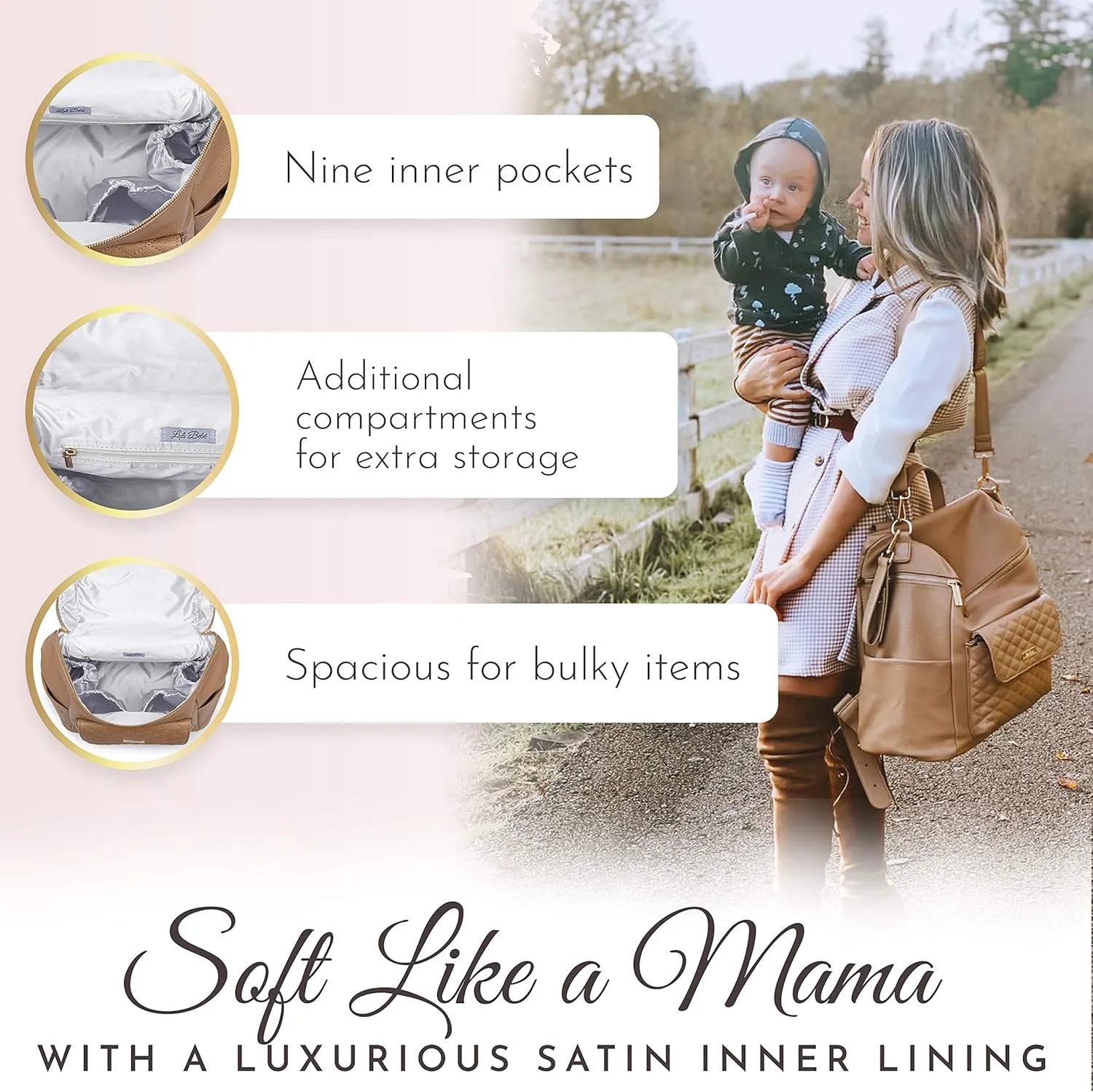 Large Diaper Bag Backpack by Luli Bebe - Designer Modern Vegan Leather Stylish Baby Backpack Diaper Bag for Mom, Multipurpose, Roomy, with Changing Pad (Latte Brown)