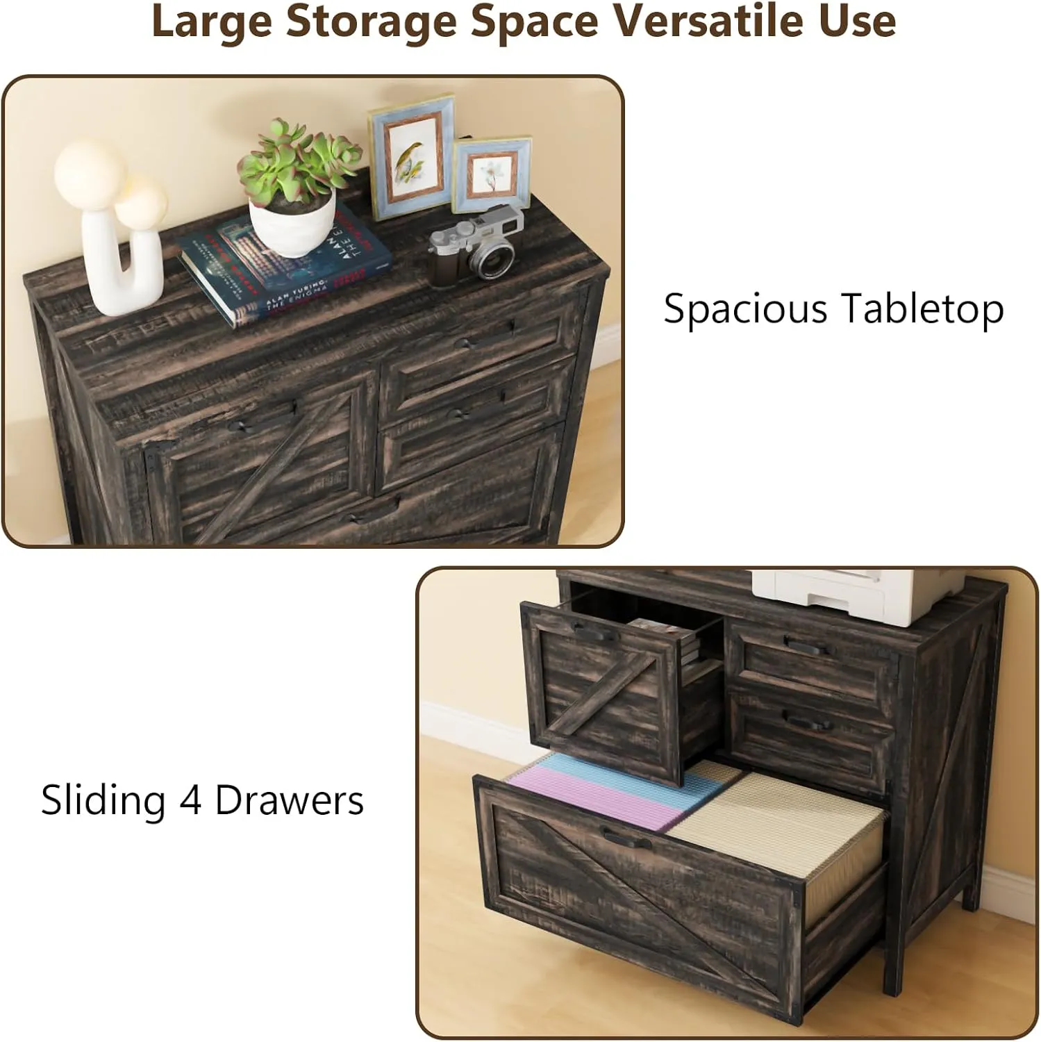 Lateral File Cabinet with 4 Drawers Farmhouse File Cabinet for Letter/Legal/A4 Size Hanging Files, Large Wood File Storage Cabinets Printer Stand for Home Office Cabinet, Dark Rustic Oak