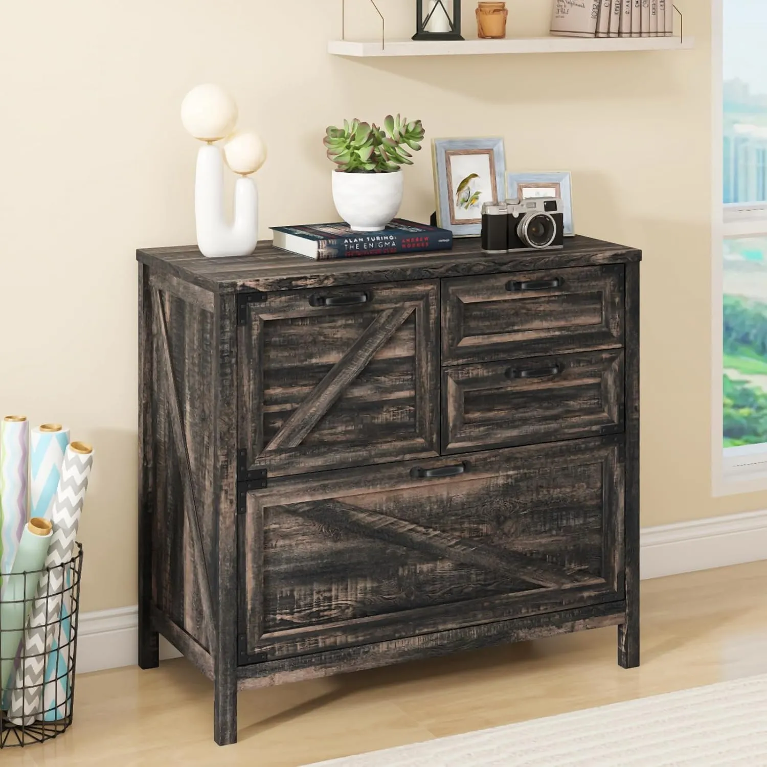 Lateral File Cabinet with 4 Drawers Farmhouse File Cabinet for Letter/Legal/A4 Size Hanging Files, Large Wood File Storage Cabinets Printer Stand for Home Office Cabinet, Dark Rustic Oak
