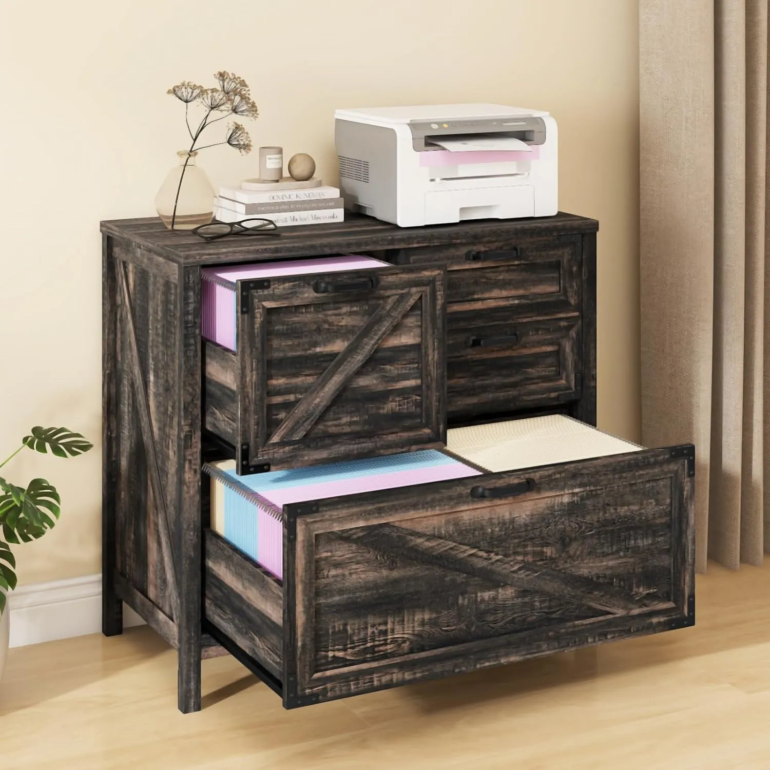 Lateral File Cabinet with 4 Drawers Farmhouse File Cabinet for Letter/Legal/A4 Size Hanging Files, Large Wood File Storage Cabinets Printer Stand for Home Office Cabinet, Dark Rustic Oak