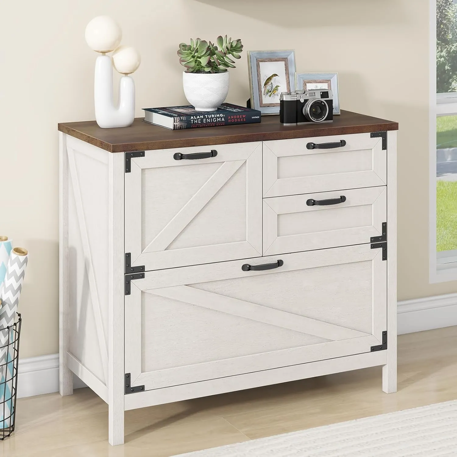 Lateral File Cabinet with 4 Drawers Farmhouse File Cabinet for Letter/Legal/A4 Size Hanging Files, Large Wood File Storage Cabinets Printer Stand for Home Office Cabinet, Rustic White