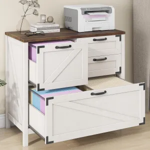 Lateral File Cabinet with 4 Drawers Farmhouse File Cabinet for Letter/Legal/A4 Size Hanging Files, Large Wood File Storage Cabinets Printer Stand for Home Office Cabinet, Rustic White