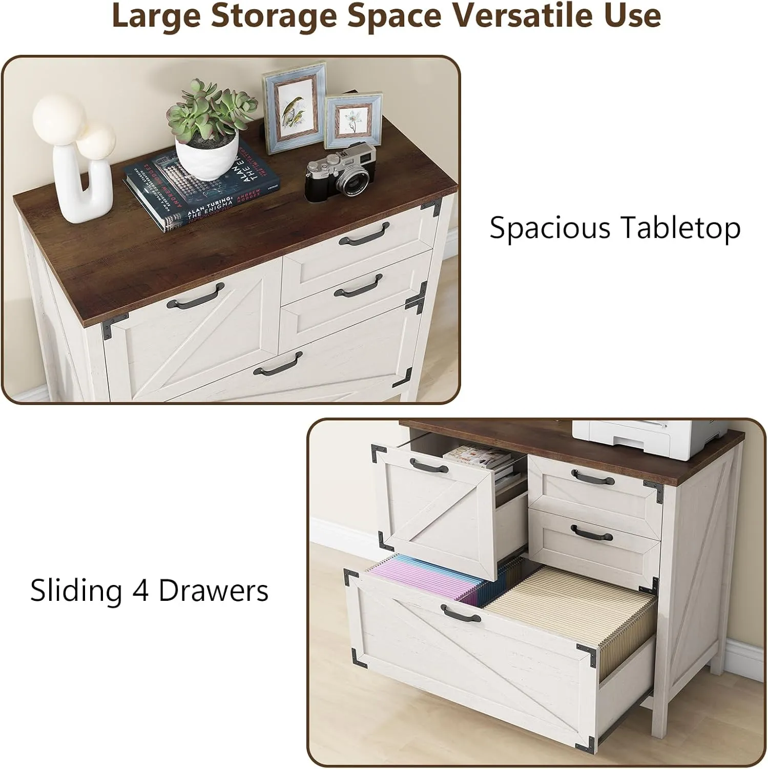 Lateral File Cabinet with 4 Drawers Farmhouse File Cabinet for Letter/Legal/A4 Size Hanging Files, Large Wood File Storage Cabinets Printer Stand for Home Office Cabinet, Rustic White