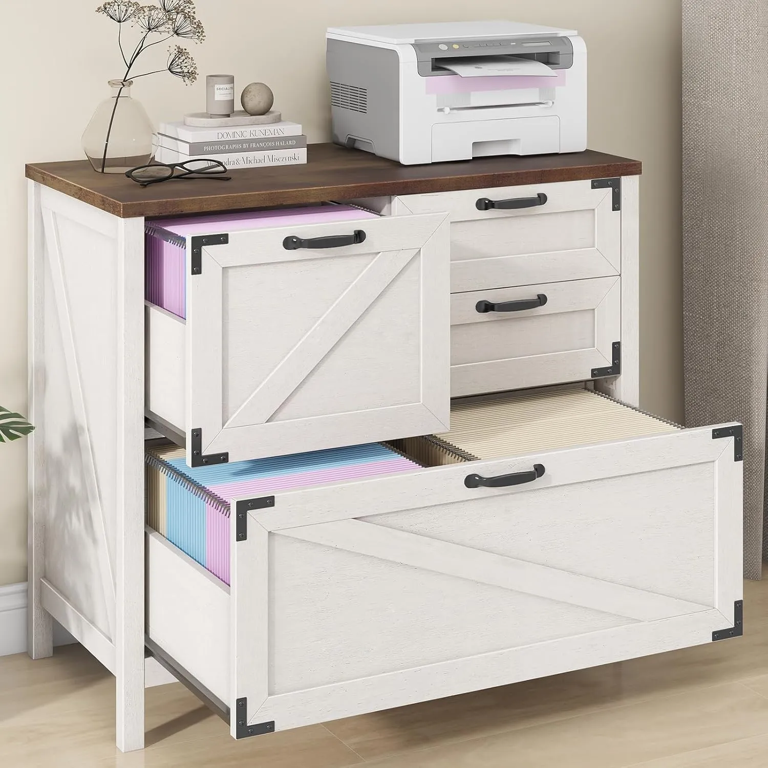 Lateral File Cabinet with 4 Drawers Farmhouse File Cabinet for Letter/Legal/A4 Size Hanging Files, Large Wood File Storage Cabinets Printer Stand for Home Office Cabinet, Rustic White