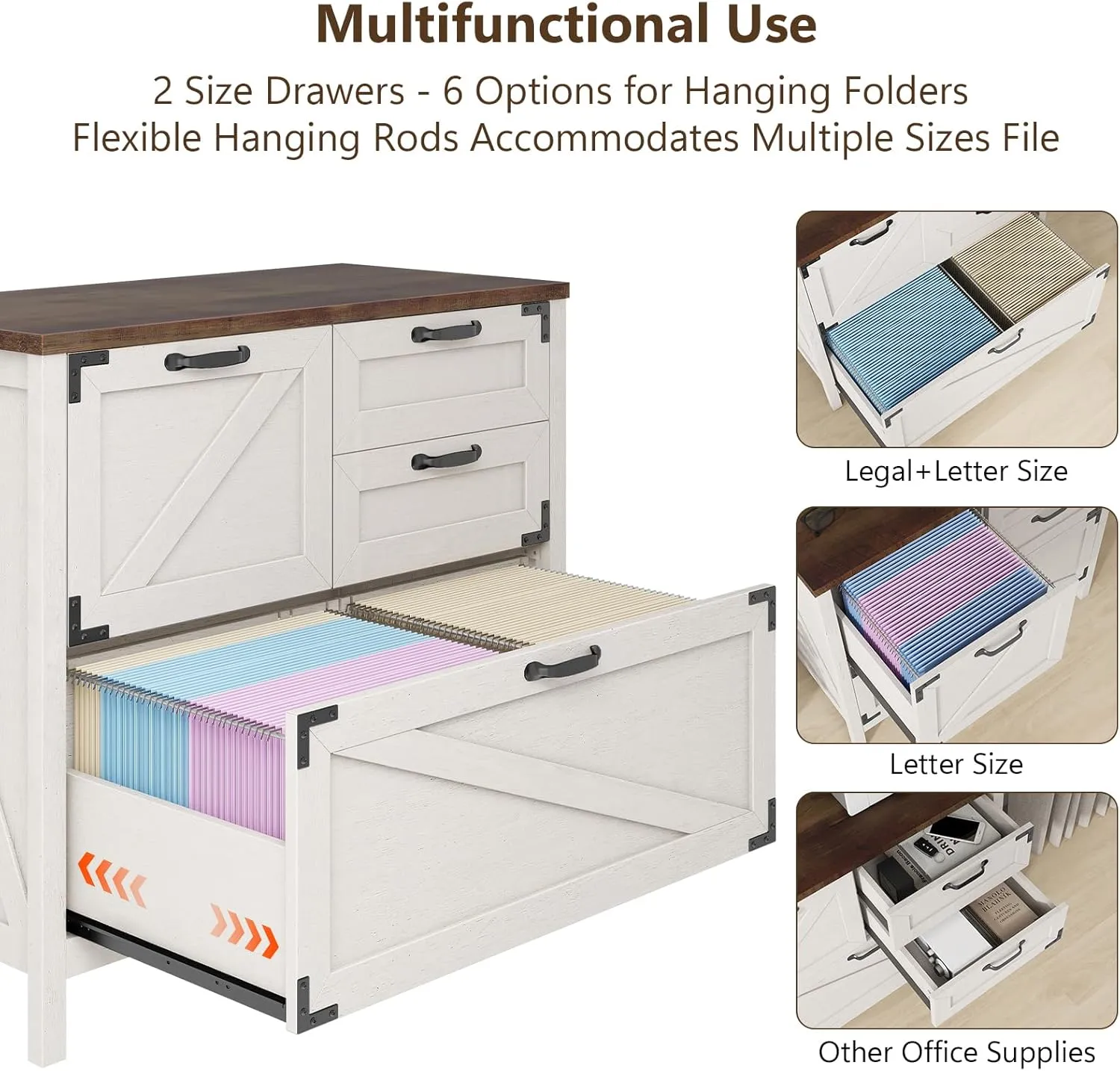 Lateral File Cabinet with 4 Drawers Farmhouse File Cabinet for Letter/Legal/A4 Size Hanging Files, Large Wood File Storage Cabinets Printer Stand for Home Office Cabinet, Rustic White