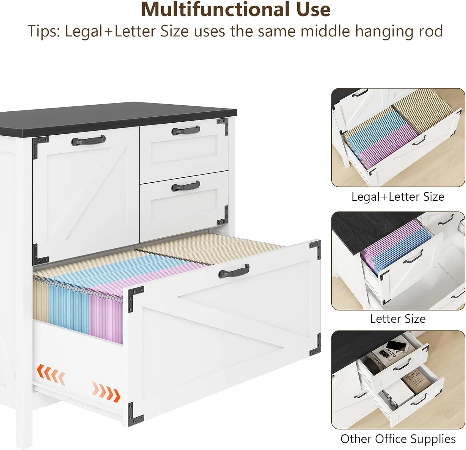 Lateral File Cabinet with 4 Drawers Farmhouse File Cabinet for Letter/Legal/A4 Size Hanging Files, Large Wood File Storage Cabinets Printer Stand for Home Office Cabinet, White and Black