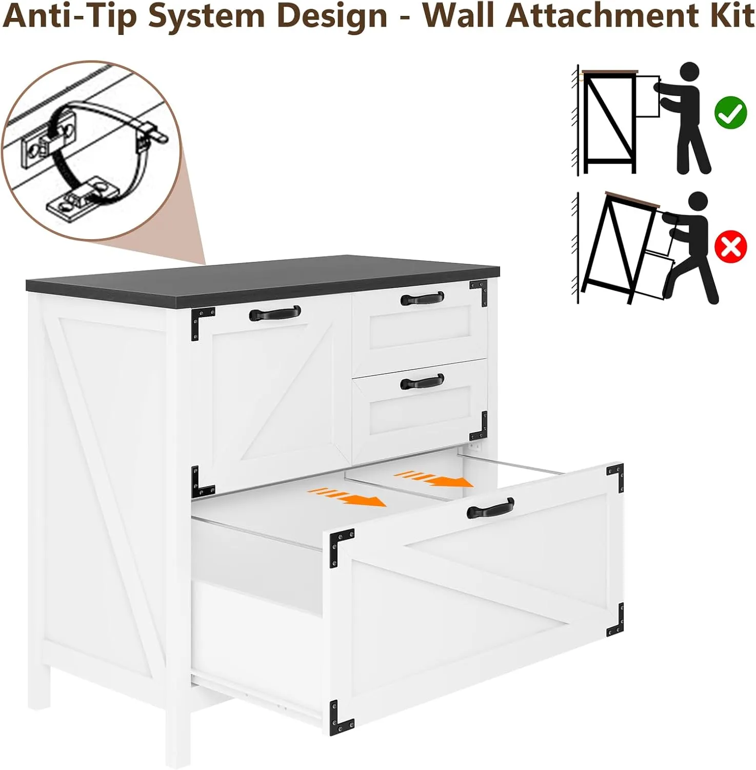 Lateral File Cabinet with 4 Drawers Farmhouse File Cabinet for Letter/Legal/A4 Size Hanging Files, Large Wood File Storage Cabinets Printer Stand for Home Office Cabinet, White and Black