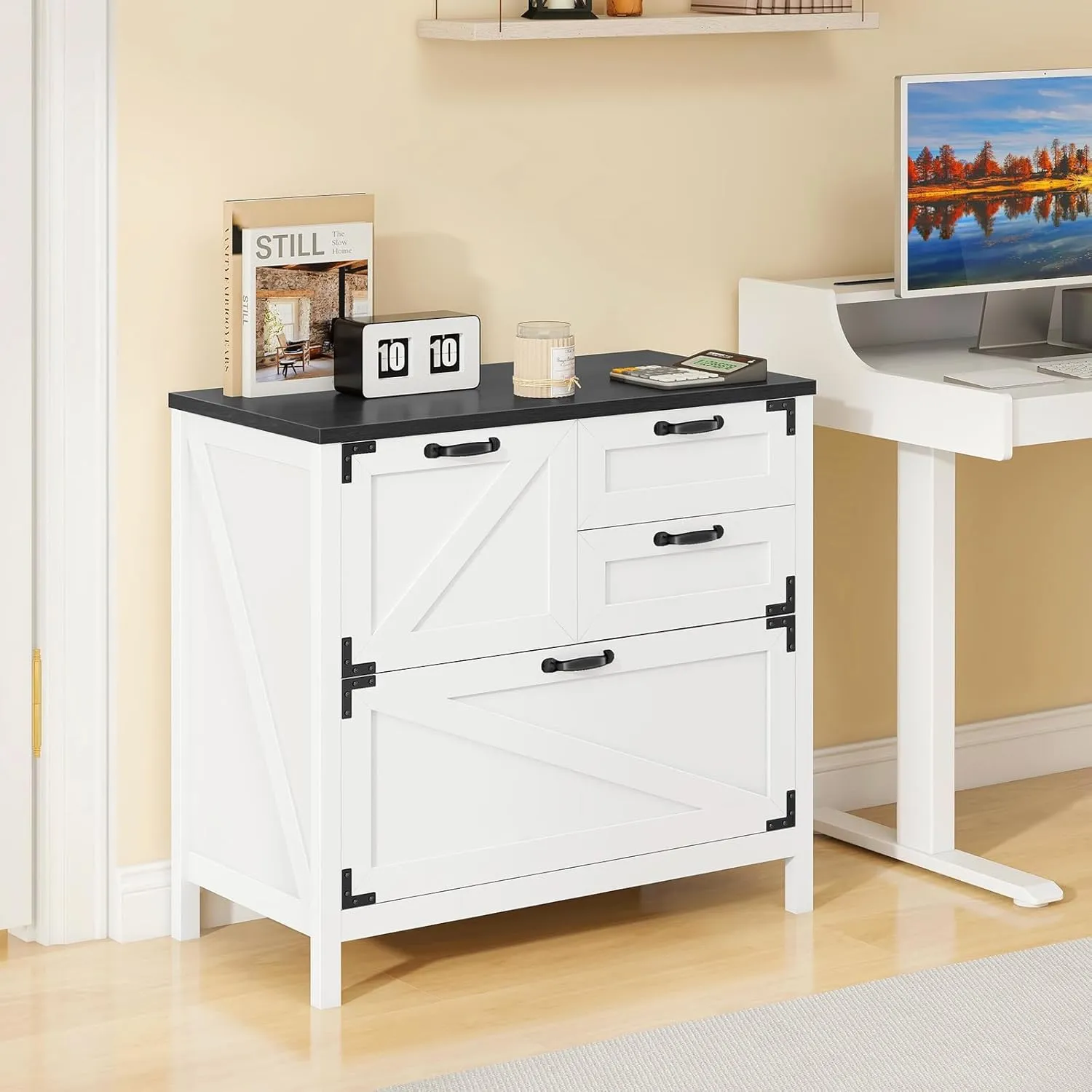 Lateral File Cabinet with 4 Drawers Farmhouse File Cabinet for Letter/Legal/A4 Size Hanging Files, Large Wood File Storage Cabinets Printer Stand for Home Office Cabinet, White and Black
