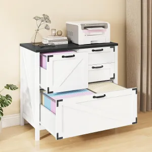 Lateral File Cabinet with 4 Drawers Farmhouse File Cabinet for Letter/Legal/A4 Size Hanging Files, Large Wood File Storage Cabinets Printer Stand for Home Office Cabinet, White and Black