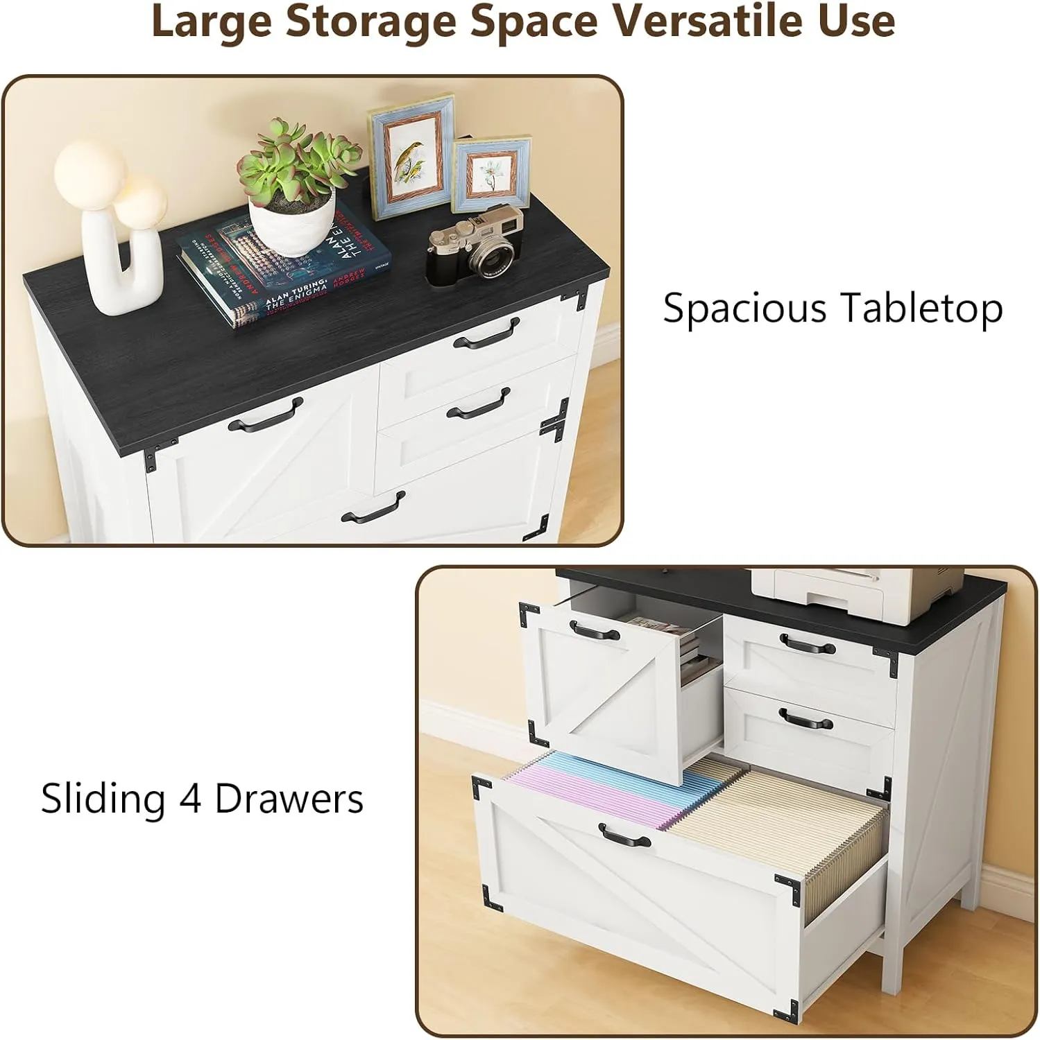 Lateral File Cabinet with 4 Drawers Farmhouse File Cabinet for Letter/Legal/A4 Size Hanging Files, Large Wood File Storage Cabinets Printer Stand for Home Office Cabinet, White and Black