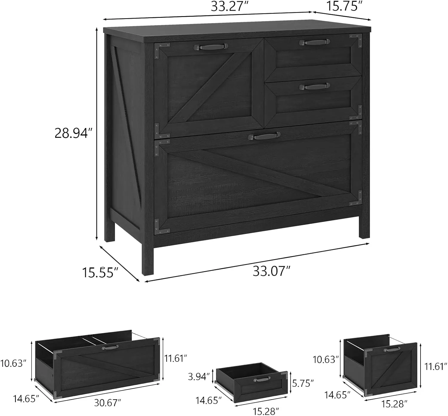 Lateral File Cabinet with 4 Drawers, Farmhouse File Cabinet for Letter/Legal/A4 Size Hanging Files, Large Wood File Storage Cabinets Printer Stand for Home Office Cabinets, Black