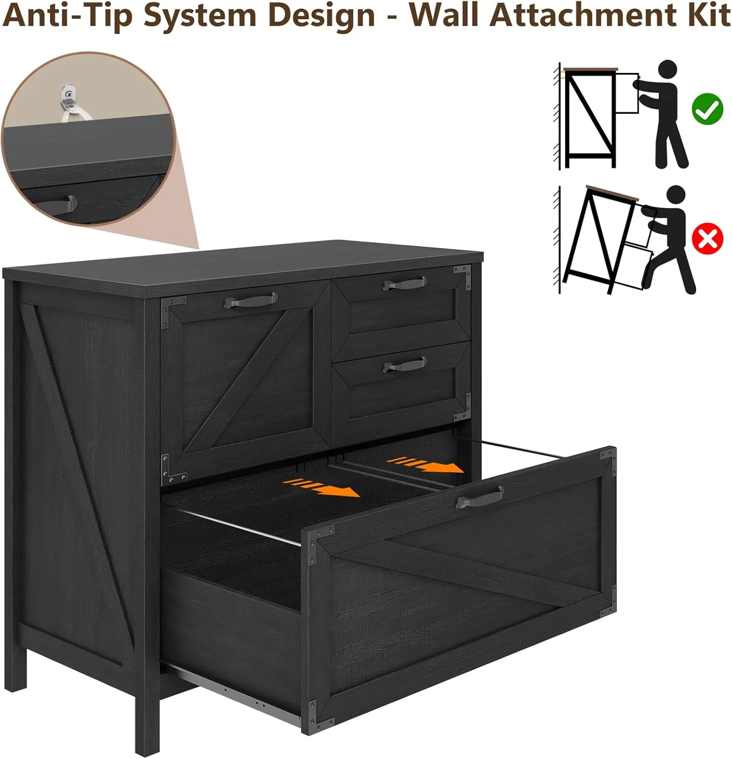 Lateral File Cabinet with 4 Drawers, Farmhouse File Cabinet for Letter/Legal/A4 Size Hanging Files, Large Wood File Storage Cabinets Printer Stand for Home Office Cabinets, Black