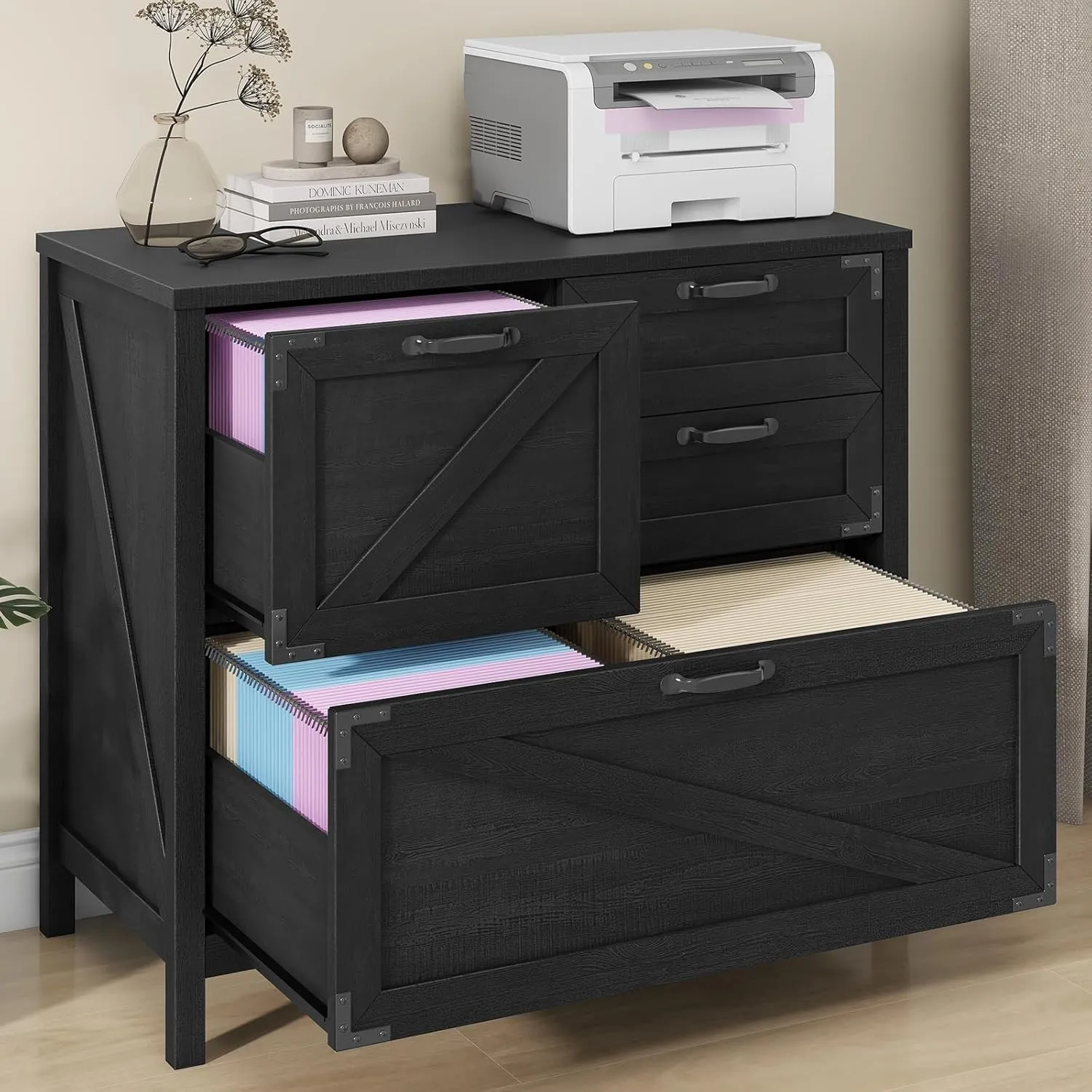 Lateral File Cabinet with 4 Drawers, Farmhouse File Cabinet for Letter/Legal/A4 Size Hanging Files, Large Wood File Storage Cabinets Printer Stand for Home Office Cabinets, Black