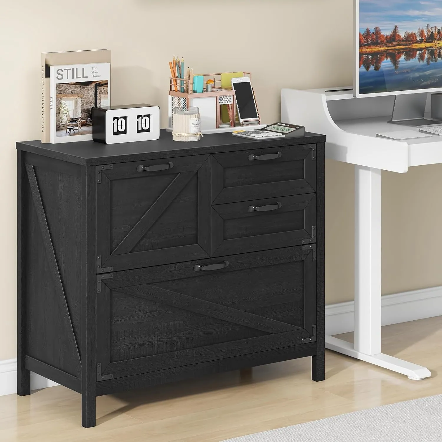 Lateral File Cabinet with 4 Drawers, Farmhouse File Cabinet for Letter/Legal/A4 Size Hanging Files, Large Wood File Storage Cabinets Printer Stand for Home Office Cabinets, Black