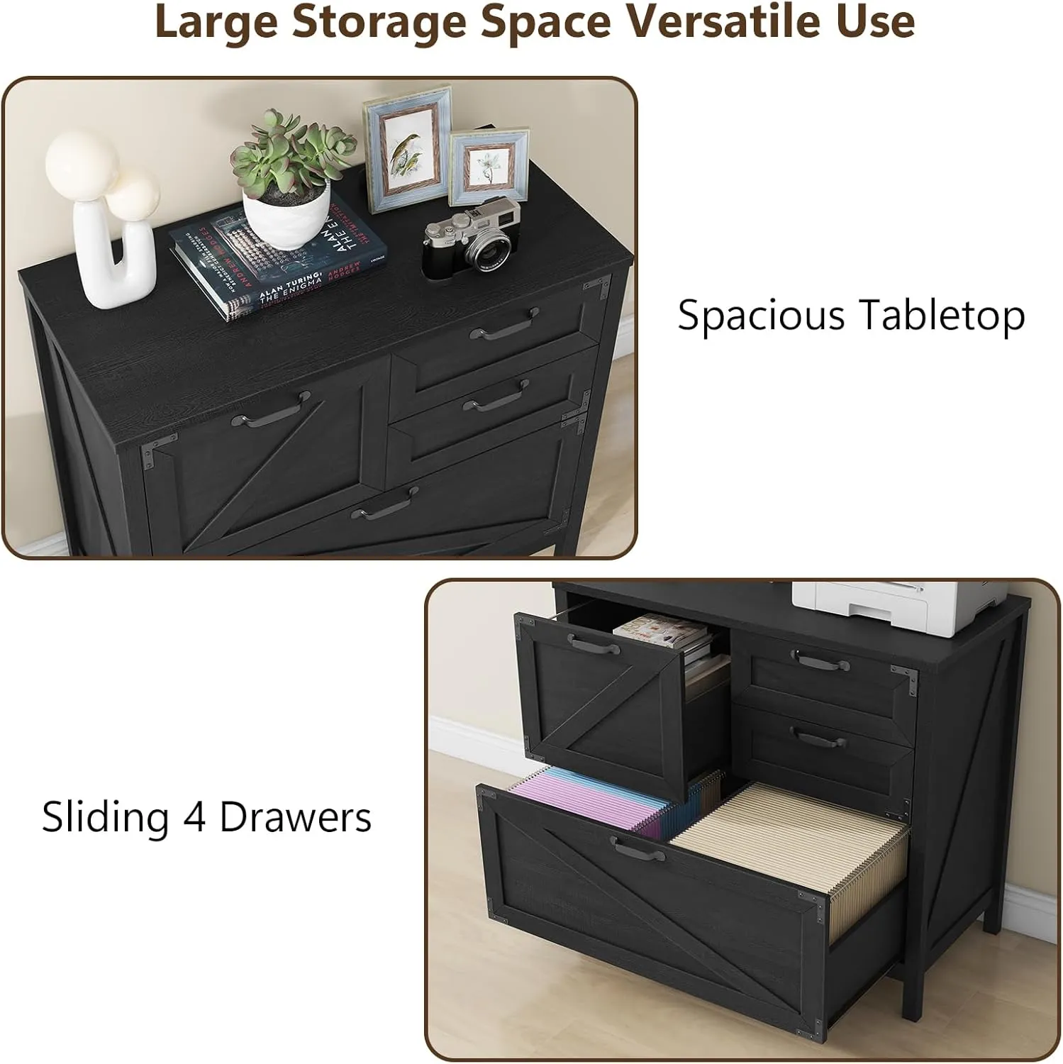 Lateral File Cabinet with 4 Drawers, Farmhouse File Cabinet for Letter/Legal/A4 Size Hanging Files, Large Wood File Storage Cabinets Printer Stand for Home Office Cabinets, Black