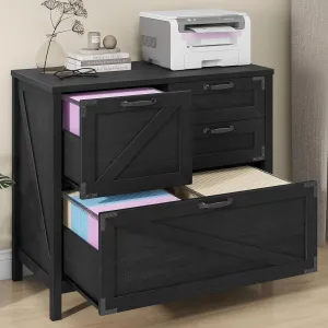Lateral File Cabinet with 4 Drawers, Farmhouse File Cabinet for Letter/Legal/A4 Size Hanging Files, Large Wood File Storage Cabinets Printer Stand for Home Office Cabinets, Black