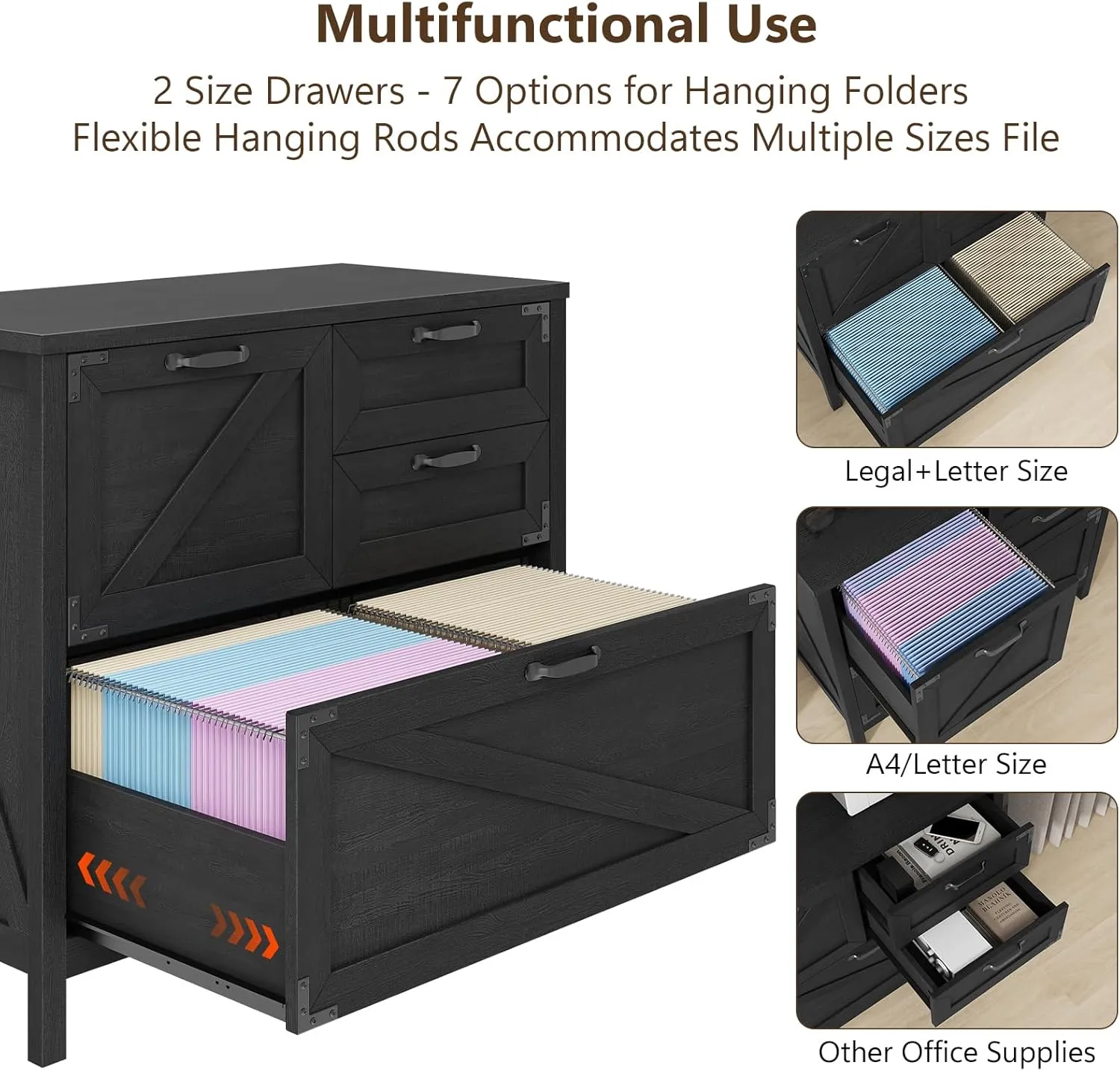 Lateral File Cabinet with 4 Drawers, Farmhouse File Cabinet for Letter/Legal/A4 Size Hanging Files, Large Wood File Storage Cabinets Printer Stand for Home Office Cabinets, Black
