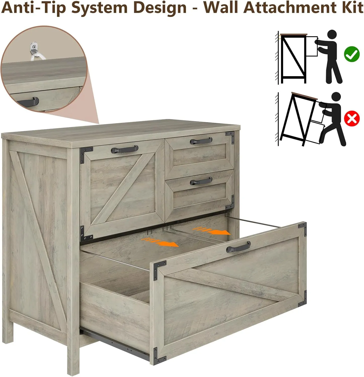 Lateral File Cabinet with 4 Drawers, Farmhouse File Cabinet for Letter/Legal/A4 Size Hanging Files, Large Wood File Storage Cabinets Printer Stand for Home Office Cabinets, Rustic Grey