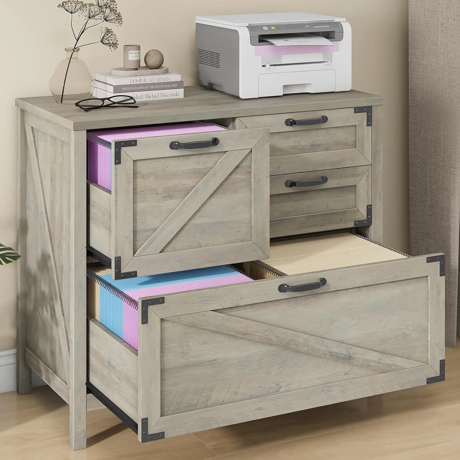 Lateral File Cabinet with 4 Drawers, Farmhouse File Cabinet for Letter/Legal/A4 Size Hanging Files, Large Wood File Storage Cabinets Printer Stand for Home Office Cabinets, Rustic Grey