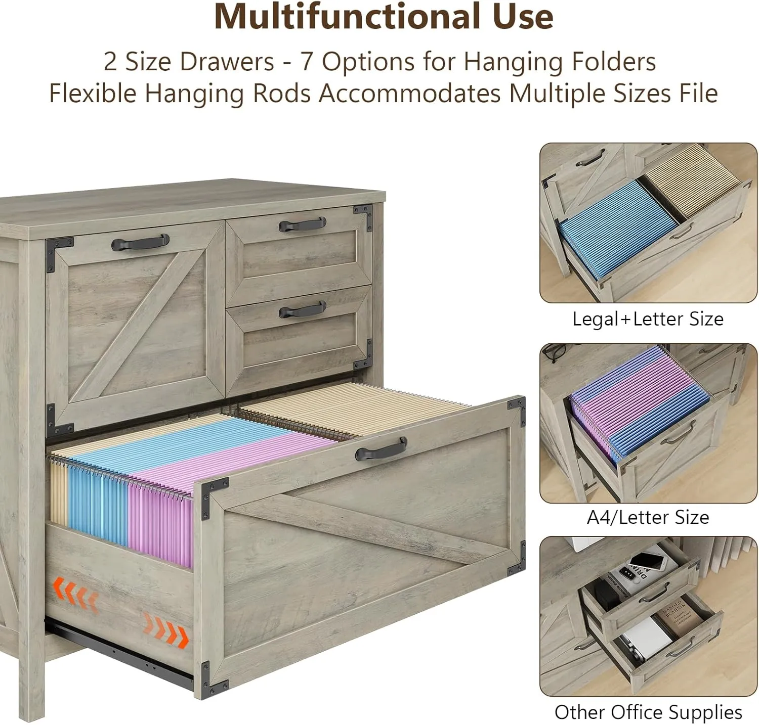 Lateral File Cabinet with 4 Drawers, Farmhouse File Cabinet for Letter/Legal/A4 Size Hanging Files, Large Wood File Storage Cabinets Printer Stand for Home Office Cabinets, Rustic Grey