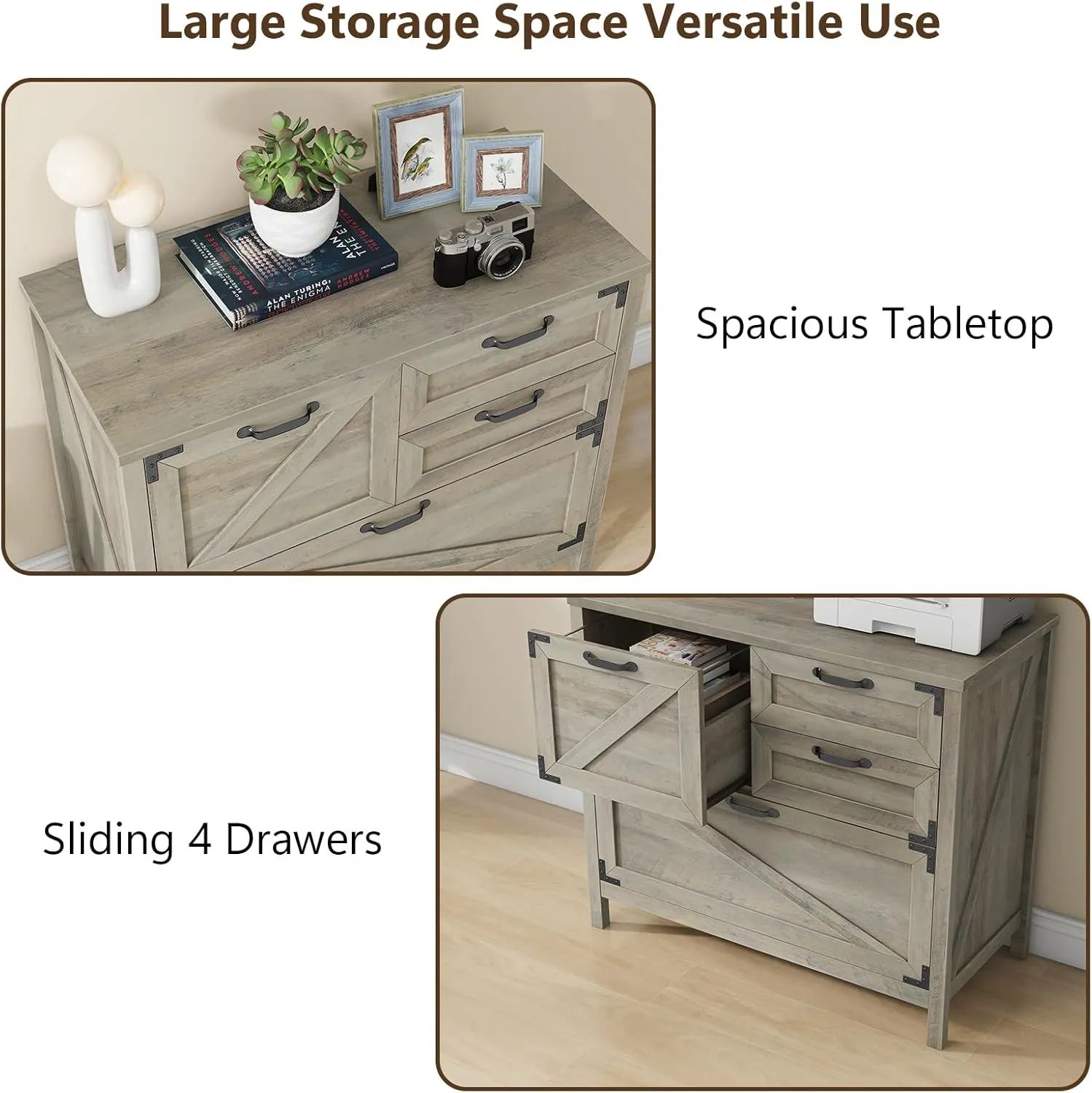 Lateral File Cabinet with 4 Drawers, Farmhouse File Cabinet for Letter/Legal/A4 Size Hanging Files, Large Wood File Storage Cabinets Printer Stand for Home Office Cabinets, Rustic Grey
